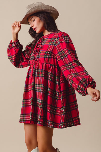 CHECKERED PLAID FRONT TIE ROUND NECK MINI DRESS