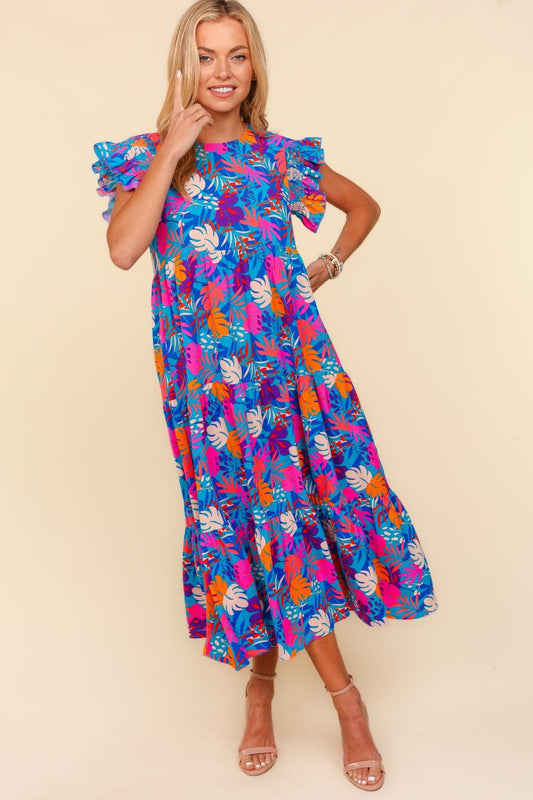 RUFFLE FRILL SHORT SLEEVE MAXI TROPICAL DRESS