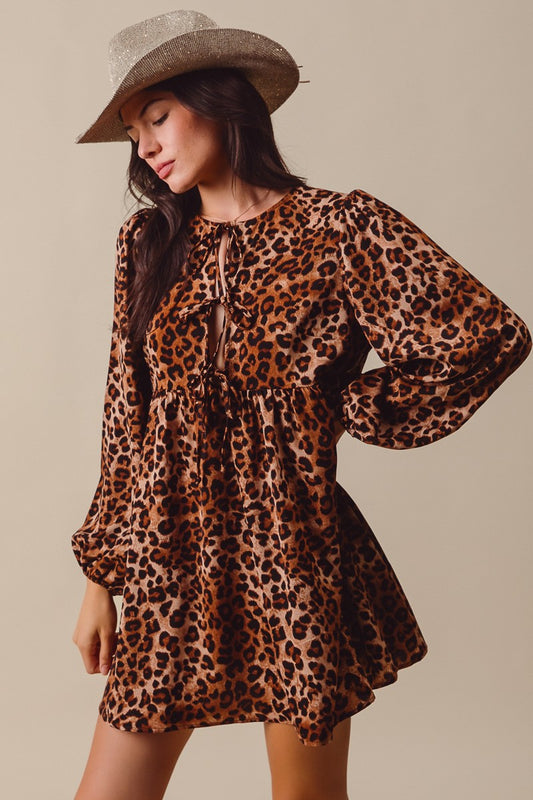 LEOPARD FRONT TIE ROUND NECK SHIRRED MINI DRESS