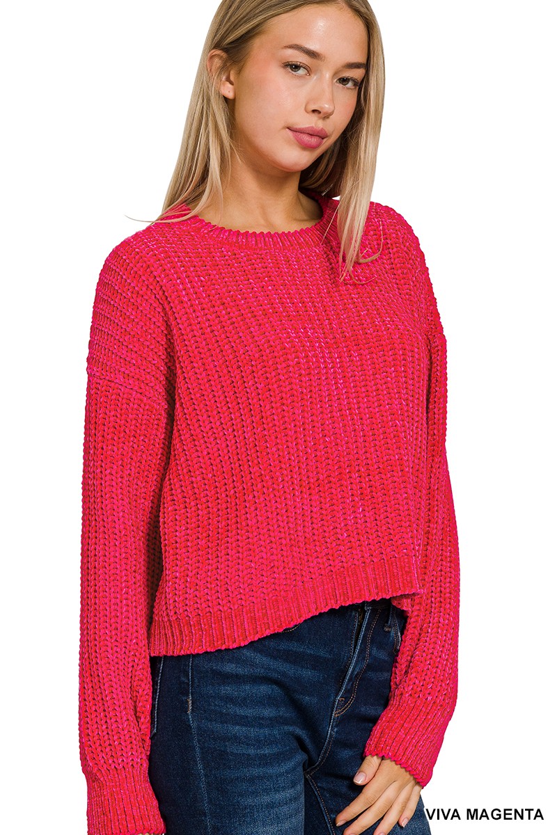 CHENILLE ROUND NECK CROP SWEATER MAGENTA