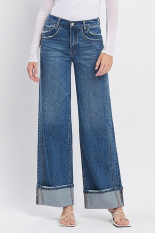 HIGH RISE CUFFED PANEL BAGGY WIDE JEANS (PREORDER)