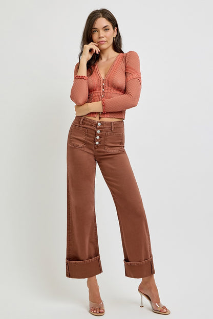 RISEN JEANS HIGH RISE WIDE LEG FRONT PATCH POCKET CUFFED PANTS (PREORDER)