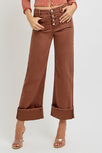 RISEN JEANS HIGH RISE WIDE LEG FRONT PATCH POCKET CUFFED PANTS (PREORDER)