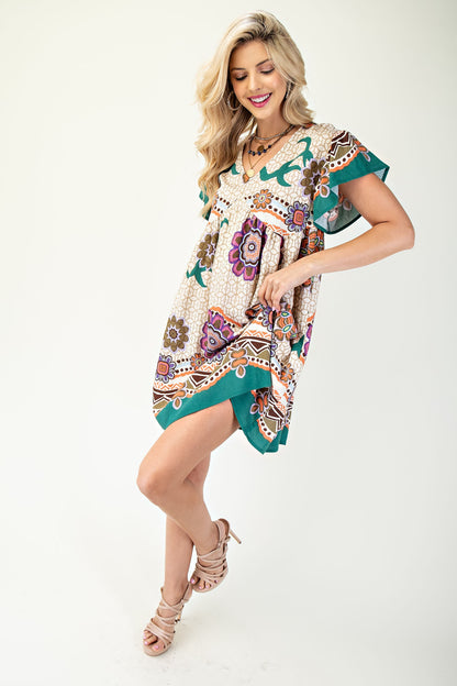 Printed V-Neck Mini Dress with Back Tie Beige/Green