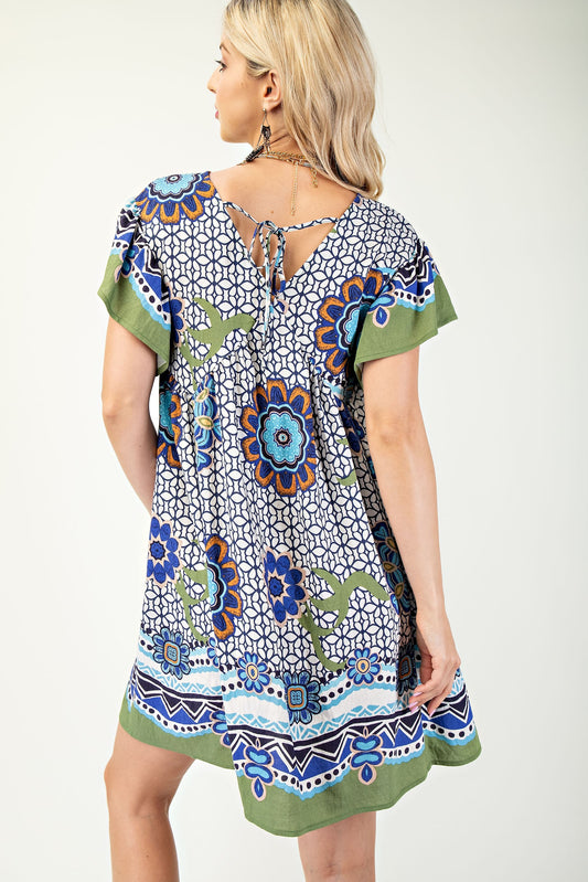 Printed V-Neck Mini Dress with Back Tie Navy/Olive