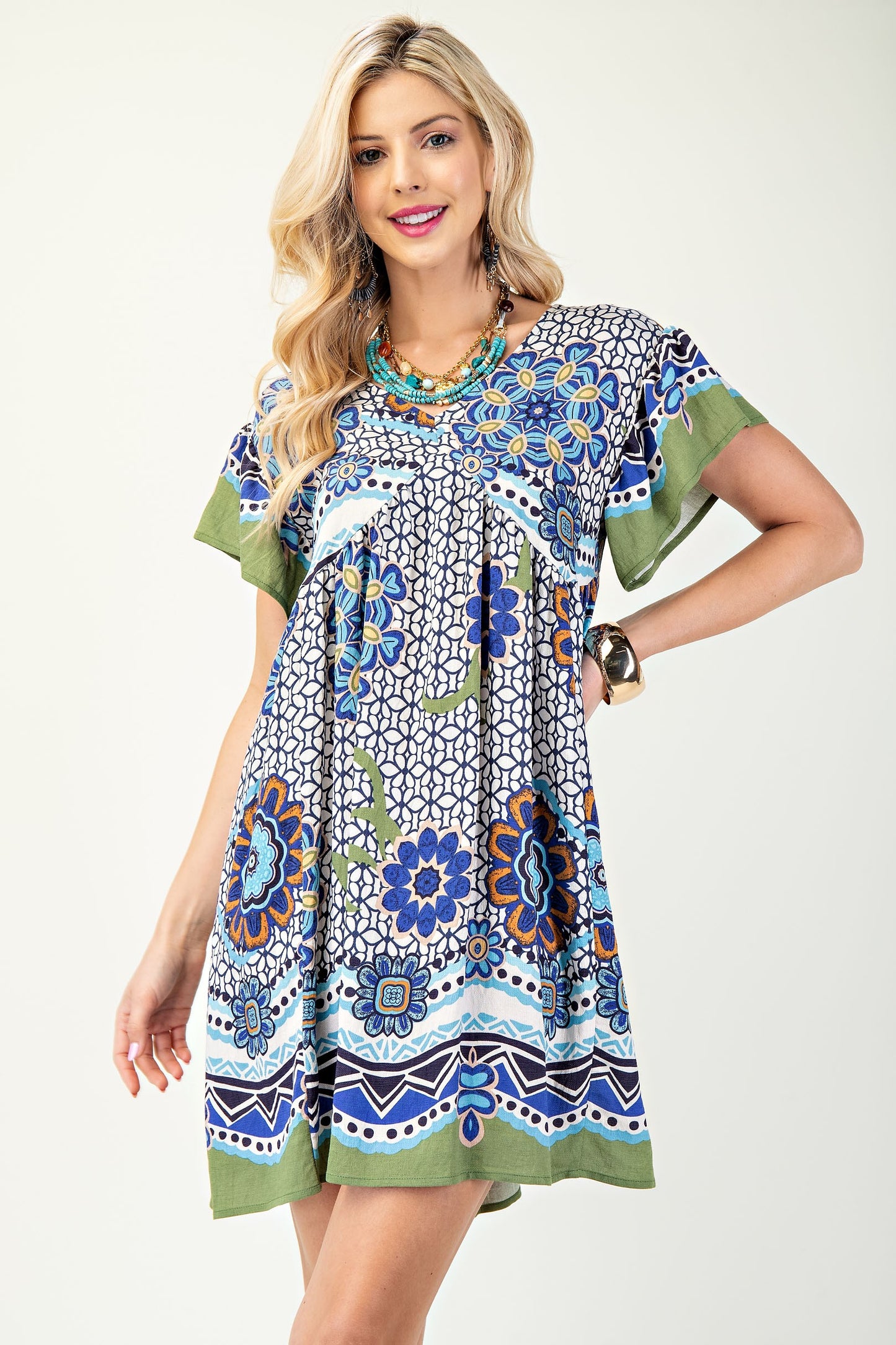 Printed V-Neck Mini Dress with Back Tie Navy/Olive