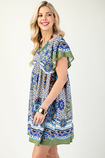 Printed V-Neck Mini Dress with Back Tie Navy/Olive