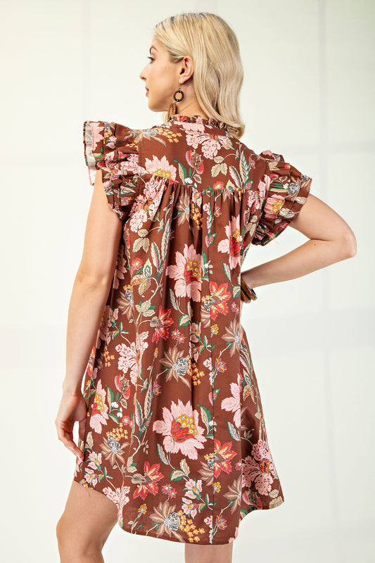 Floral Split Neck Mini Dress