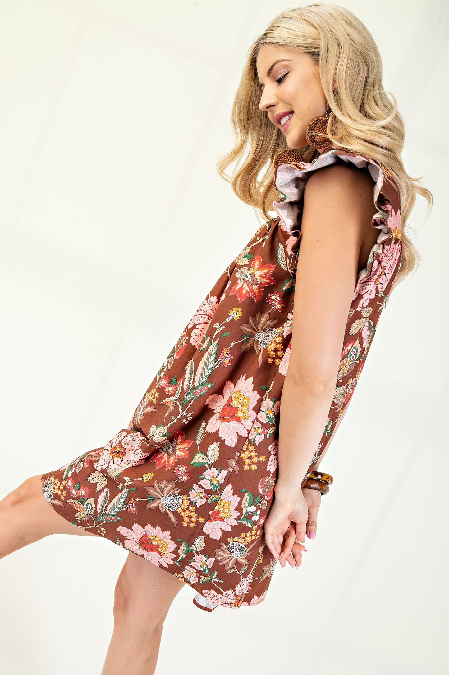 Floral Split Neck Mini Dress