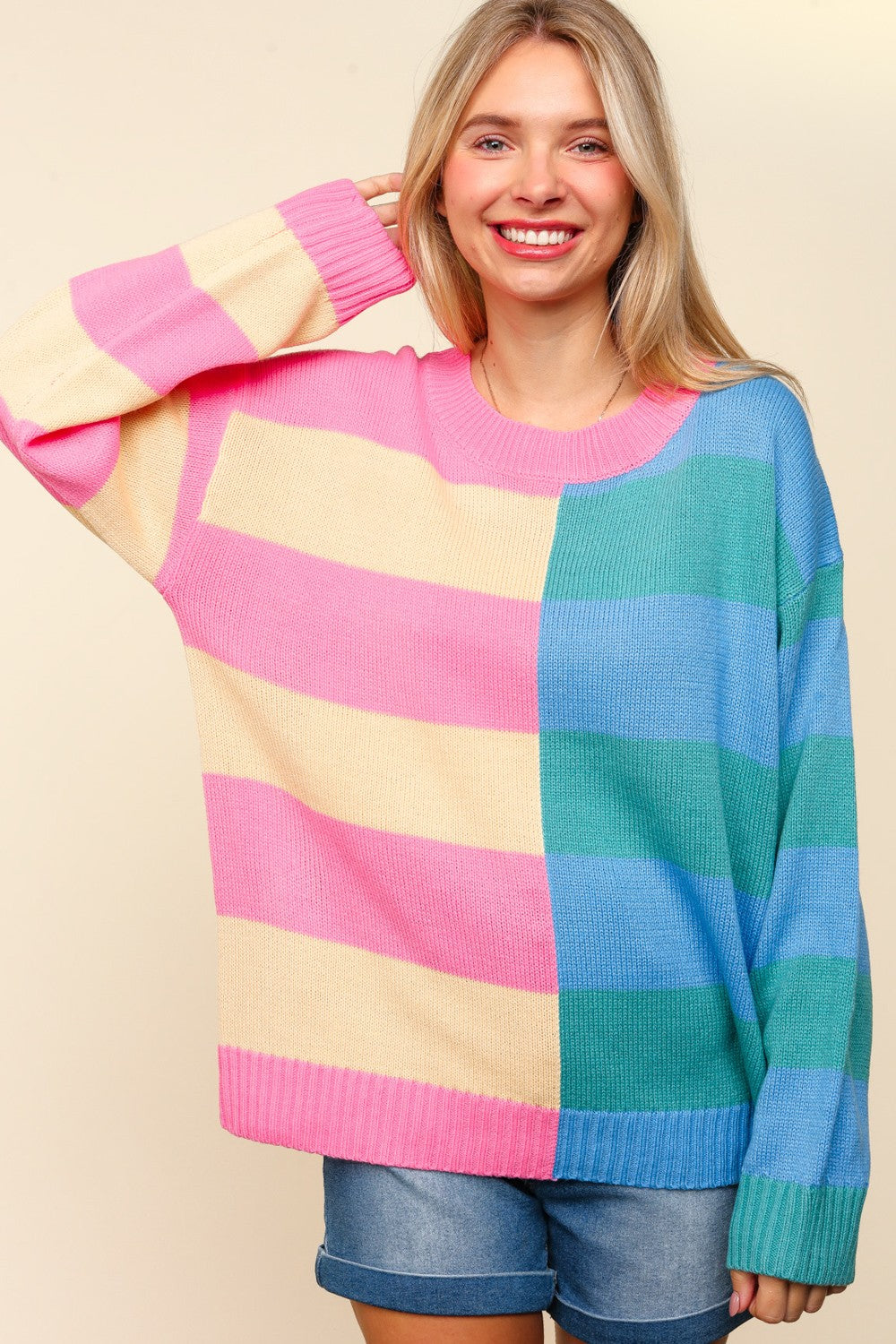 STRIPE LONG SLEEVE PULLOVER SWEATER KNIT TOP (PREORDER)