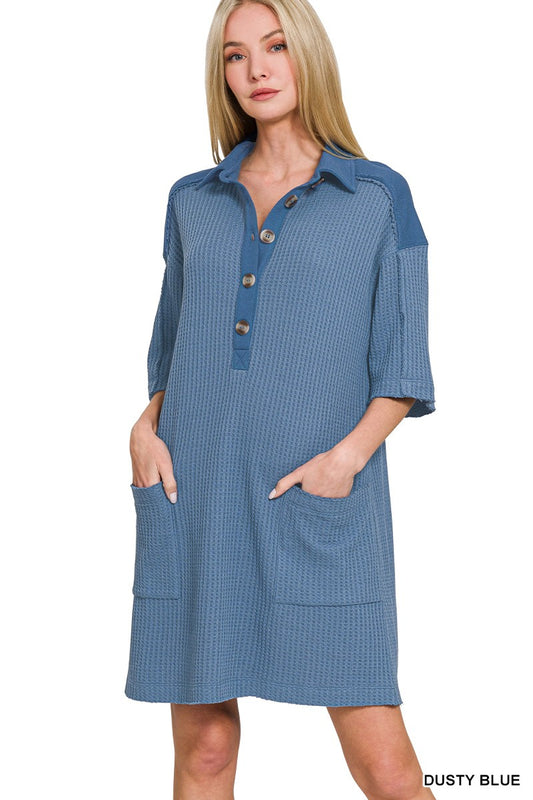 WAFFLE HALF-BUTTON DRESS WITH POCKET BLUE