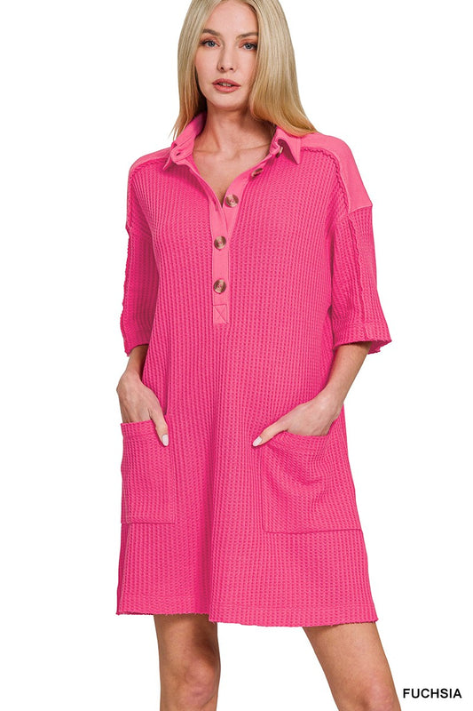 WAFFLE HALF-BUTTON DRESS WITH POCKET PINK