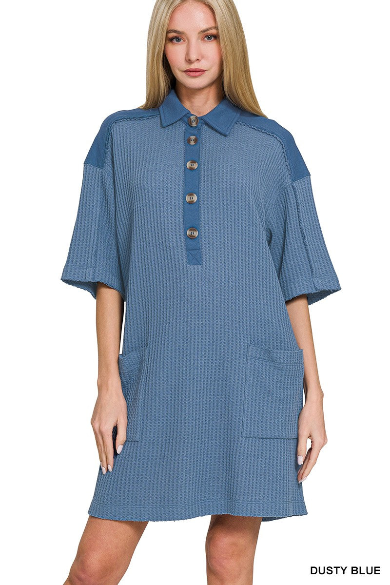 WAFFLE HALF-BUTTON DRESS WITH POCKET BLUE