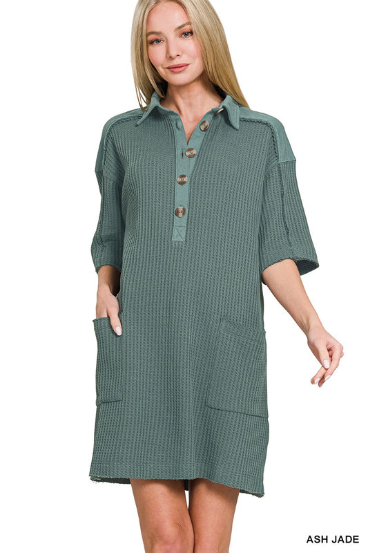 WAFFLE HALF-BUTTON DRESS WITH POCKET JADE