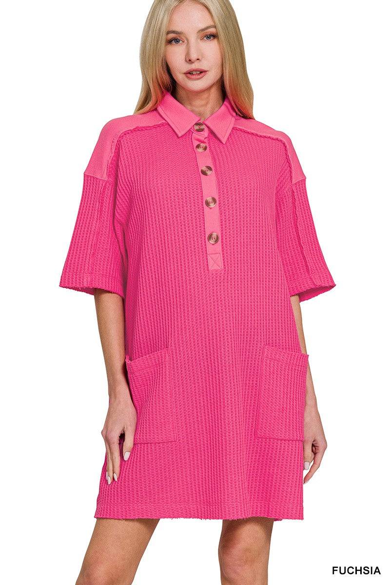 WAFFLE HALF-BUTTON DRESS WITH POCKET PINK