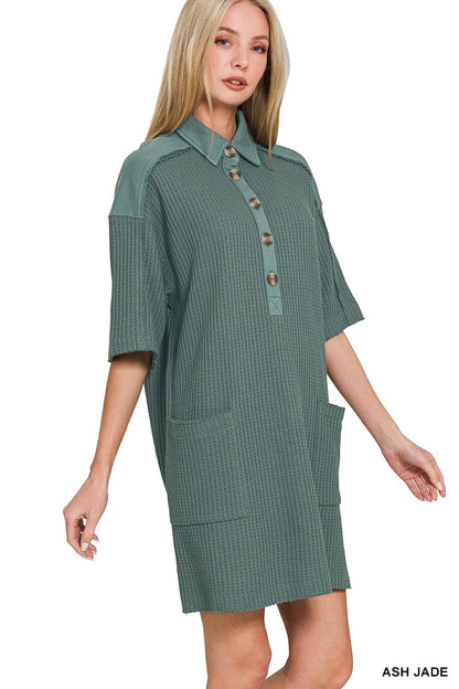 WAFFLE HALF-BUTTON DRESS WITH POCKET JADE