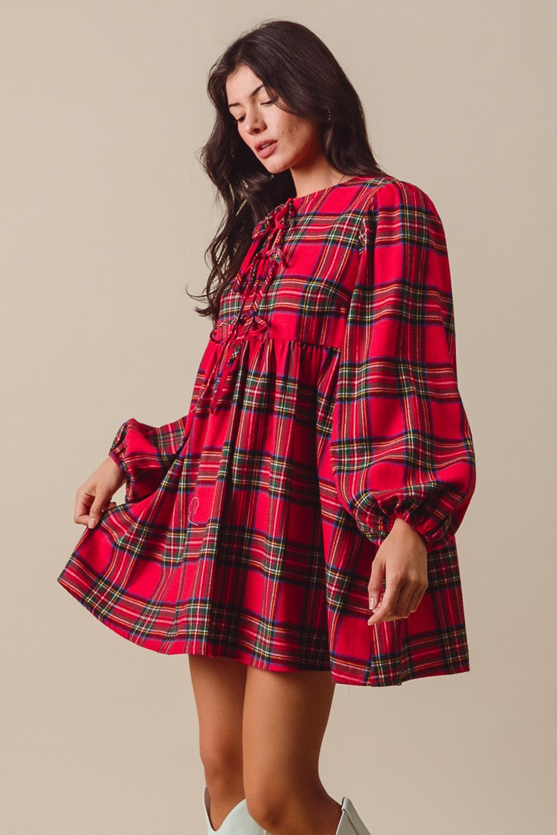 CHECKERED PLAID FRONT TIE ROUND NECK MINI DRESS