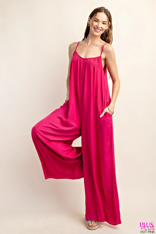 Plus Satin Fabric Side Pocket Loose Fit Jumpsuit