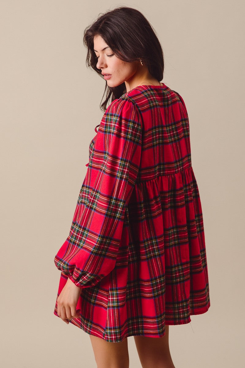 CHECKERED PLAID FRONT TIE ROUND NECK MINI DRESS