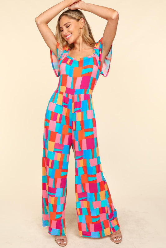 WIDE PANTS MULTI COLOR GEOMETRIC JUMPSUIT