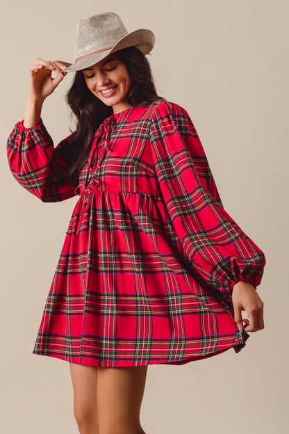 CHECKERED PLAID FRONT TIE ROUND NECK MINI DRESS