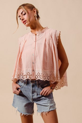 BUTTON UP FRONT PLEATED SLEEVELESS BLOUSE TOP (PREORDER)